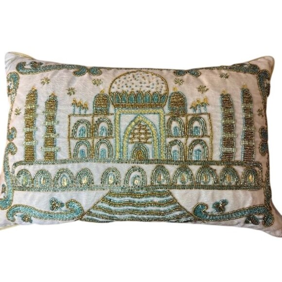 Handcrafted Beaded Decorative Pillow With Gold & Blue Embellishments Taj Mahal D - Picture 1 of 6